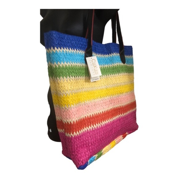 Cee Klein Rainbow stripe straw jute beach summer island bucket tote shoulder bag - Picture 2 of 16